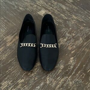 Via Spiga Black Flats with Gold Chain Detail